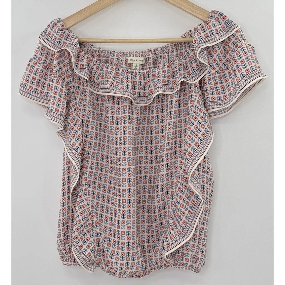 Max Studio Chiffon Ruffle Flutter‎ Slv Blouse Sz Sm Boho, Preppy, Elastic Waist
